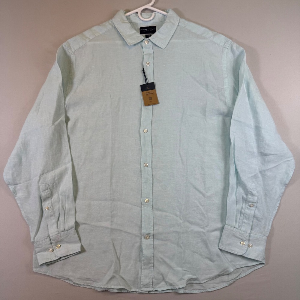 Charles Tyrwhitt Button Down Shirt Men XXL Aqua Green Pure Linen Classic Fit NEW